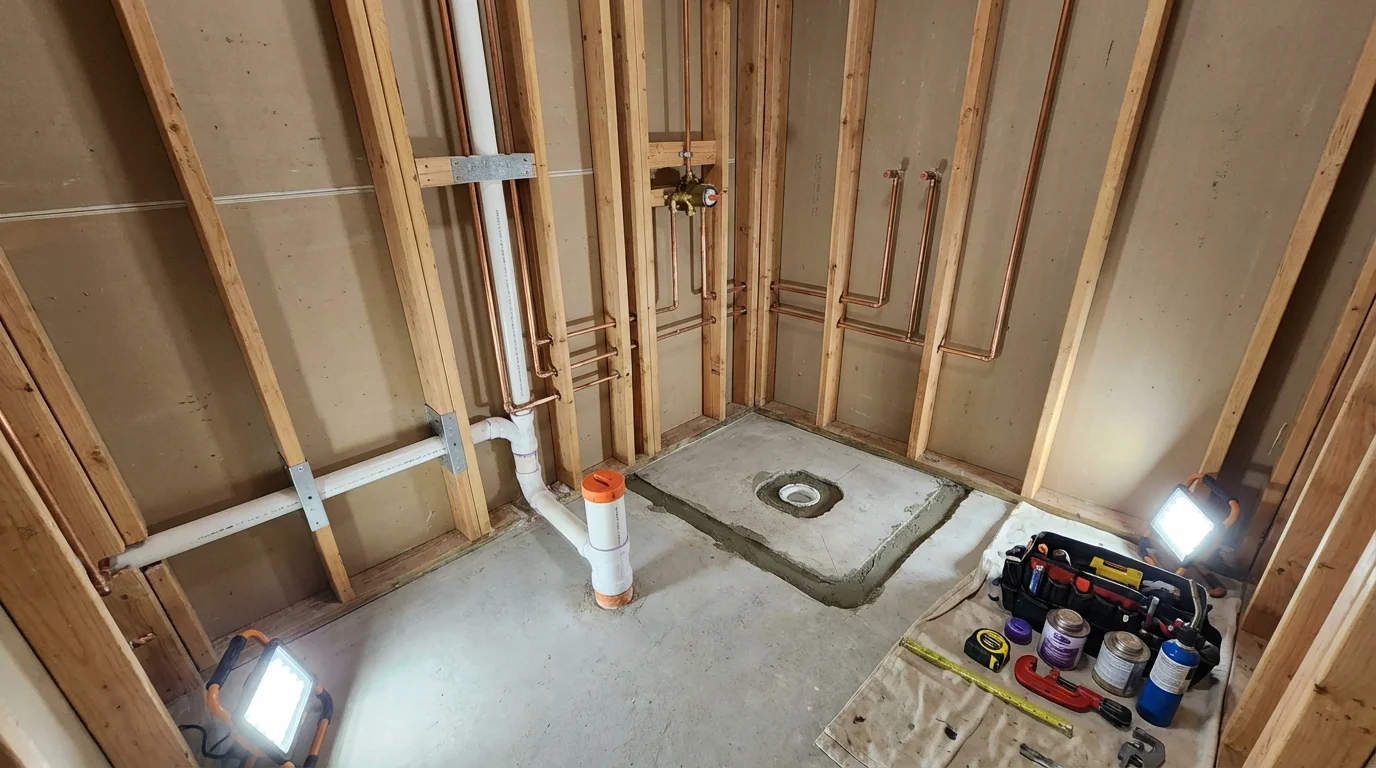 Bathroom rough-in plumbing during remodel by Johns Plumbing LLC in Rayville