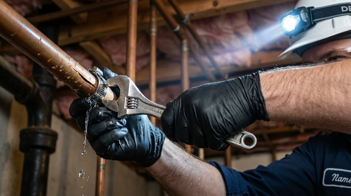 Emergency pipe clamp repair being performed by a Johns Plumbing LLC plumber in Rayville