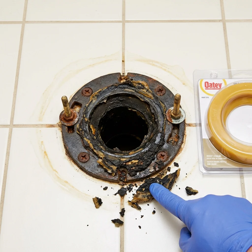 Failed wax ring showing water seepage at the base of a toilet in a Rayville, LA home
