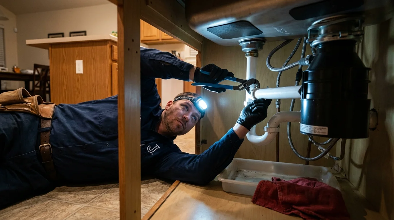 P-trap and supply line connections under a kitchen sink showing a common leak point in Rayville, LA